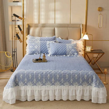Solid Color Thicked Quilted lace Bed Skirt European Style 245x250cm Coverlet Bed Cover Bed Linen Solid Color King Queen Size