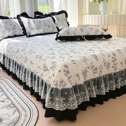 1pc Quilted Bedspread for Beds Thick Blanket with Lace Single/Queen/King Size Flower Printed Quilted Bed Cover Soft Bedspreads