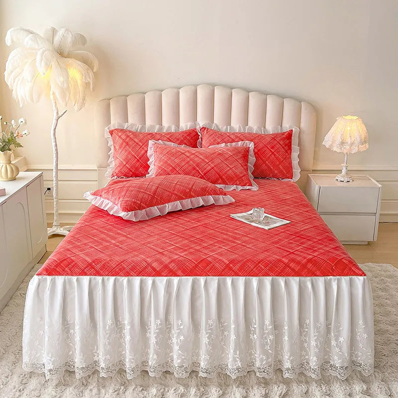 2025 new solid color Class A milk fleece double-layer lace skirt bed skirt three-piece set bedding simple bed skirt
