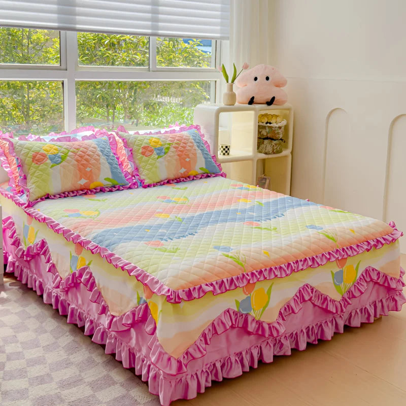 Pure cotton bedspread single piece thickened padded cotton bed skirt 1.5m 1.8m bed cover sheath cotton four-piece set