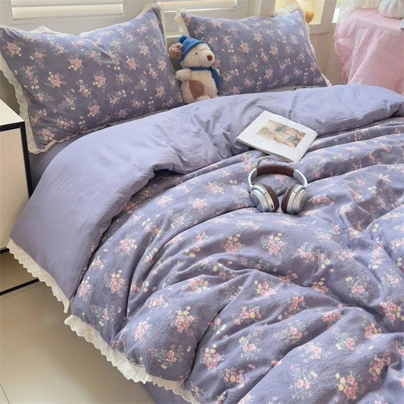 New printed Class A wrinkled yarn double-layer yarn cotton lace four-piece set dormitory bed sheet kit