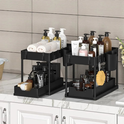 Under Sink Organizers 2 Tier Under Bathroom Cabinet Holder with Hooks & Hanging Cup, Multi-Purpose Storage Shelf for  Kitchen