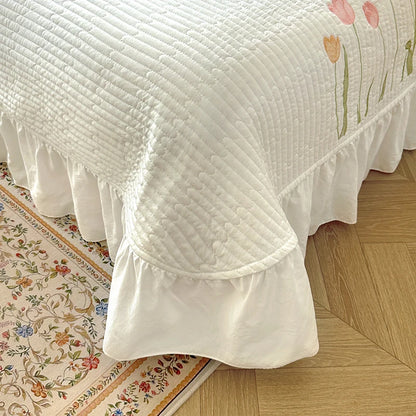 Quilt Bedding Set,white Lightweight Soft Bedspread, embroidery tulip Coverlet Set for All Seasons,3 Piece(1 Quilt,2 Pillow Shams