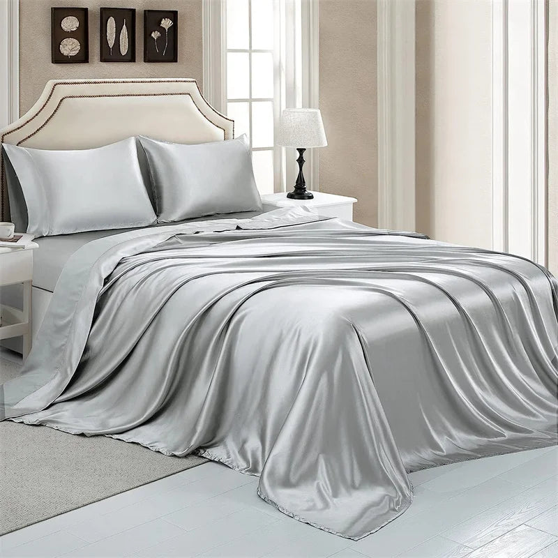 Mulberry Silk Bed Sheet Set with Fitted Sheet Flat Sheets Pillowcase Luxury Solid Color Bedding Sets Wrinkle-Free Antiallergic