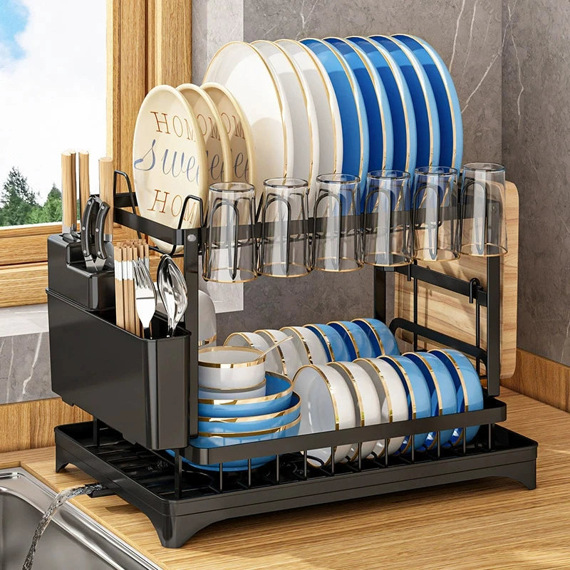 Dish Drainer Rack, Double-Layer Tray Storage Rack, Sturdy and Durable Cutting Board Rack and Utensil Rack, Can Be Used to Hold Cups, Pots, and Chopsticks, Suitable for Home Kitchens.
