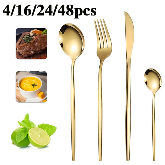 4/16/24/48pcs Portuguese Tableware Set includes knife, fork, spoon and tea spoon, which is suitable for the kitchen.