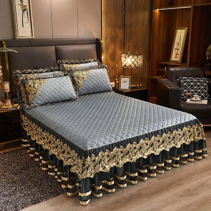Gold Embroidery Velvet Quilted Thicken Bedspread Queen King Size Soft Warm Lace Ruffle Bed Skirt 2 Pillowcases 200x220 Green