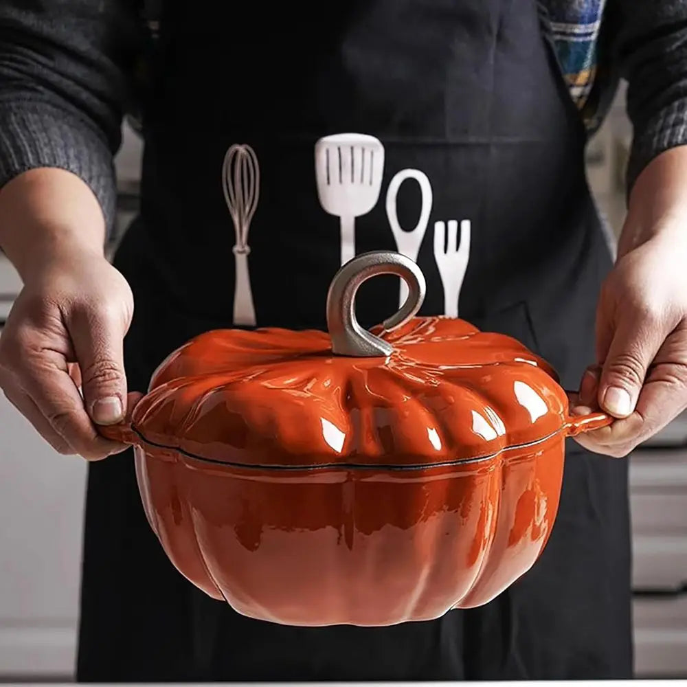 3.9 Qt Orange Pumpkin Dutch Oven, Cast Iron Stew Pot with Lid, Perfect for 3-5, Ideal for Halloween & Thanksgiving