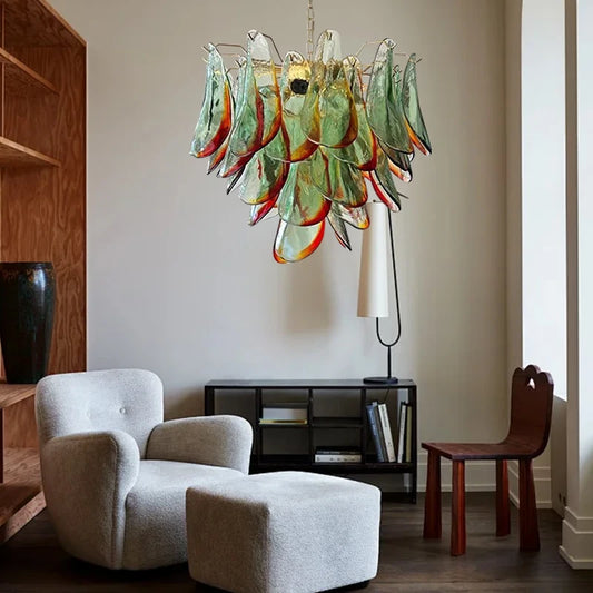 Modern living room chandelier with green glass lustre, suitable for study and dining room ceiling lighting, dimmable.