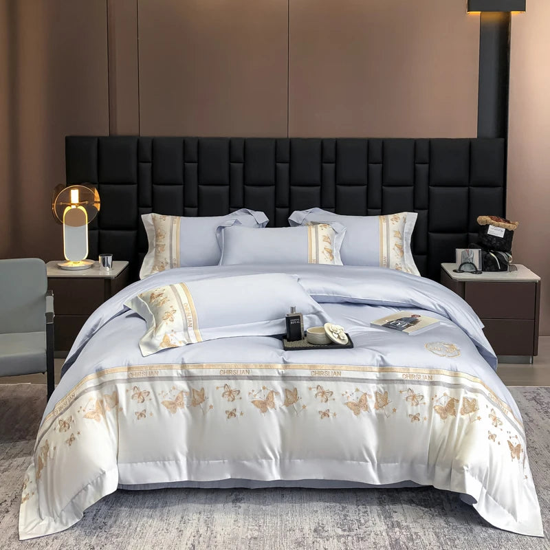 100% Cotton Bedding Set Luxury Golden Butterfly Embroidery Quilt/Duvet Cover Fitted Bed Sheet Sets Pillowcases Home Textile