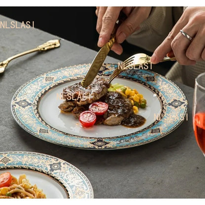 1pcs  Ceramic Steak Plate Household Round Western Flat Plate European High-quality Tableware Underglaze Color Craftsmanship