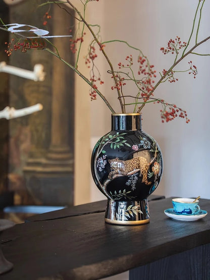 "Lucky Leopard" vase decoration retro high-end flower arrangement ceramic medieval ornaments new Chinese style