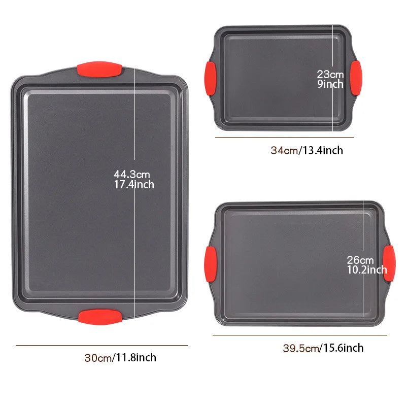 3-Piece Nonstick Kitchen Oven Baking Pans Premium Non-Stick Steel with Red Silicone Handles Restaurant Quality & Easy to Clean