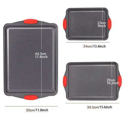 3-Piece Nonstick Kitchen Oven Baking Pans Premium Non-Stick Steel with Red Silicone Handles Restaurant Quality & Easy to Clean
