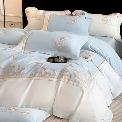 Butterfly Embroidery Bedding Set Luxury 4pcs Egyptian Cotton Duvet Cover Set Flat/Fitted Bed Sheet Pillowcases Home Textiles
