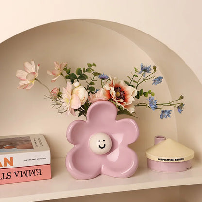 Flower Smiling Face Flower Arrangement Cute Ceramic Vase Decorative Table Dried Flower Vase Ornaments Home Decoration Vases