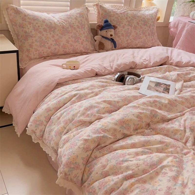 New printed Class A wrinkled yarn double-layer yarn cotton lace four-piece set dormitory bed sheet kit