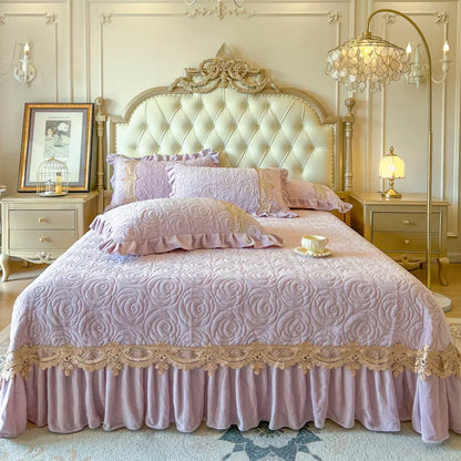 3/5Pcs Luxury Velvet Fleece Lace Ruffles Quilted Bedspread, Mattress Cover, Bed Skirt, Bed Sheet Set, With Pillowcases