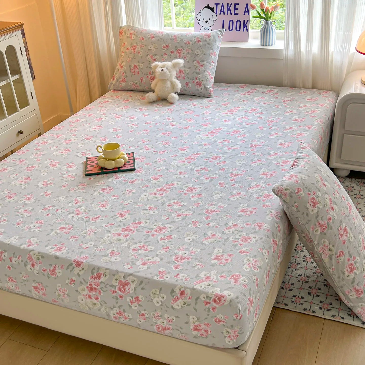 Floral Bed Sheets Set Fitted Sheet Non Slip Bedspread With Elastic Band Mattress Cover (With 1-2 Pillowcases) Double Bed Sheets