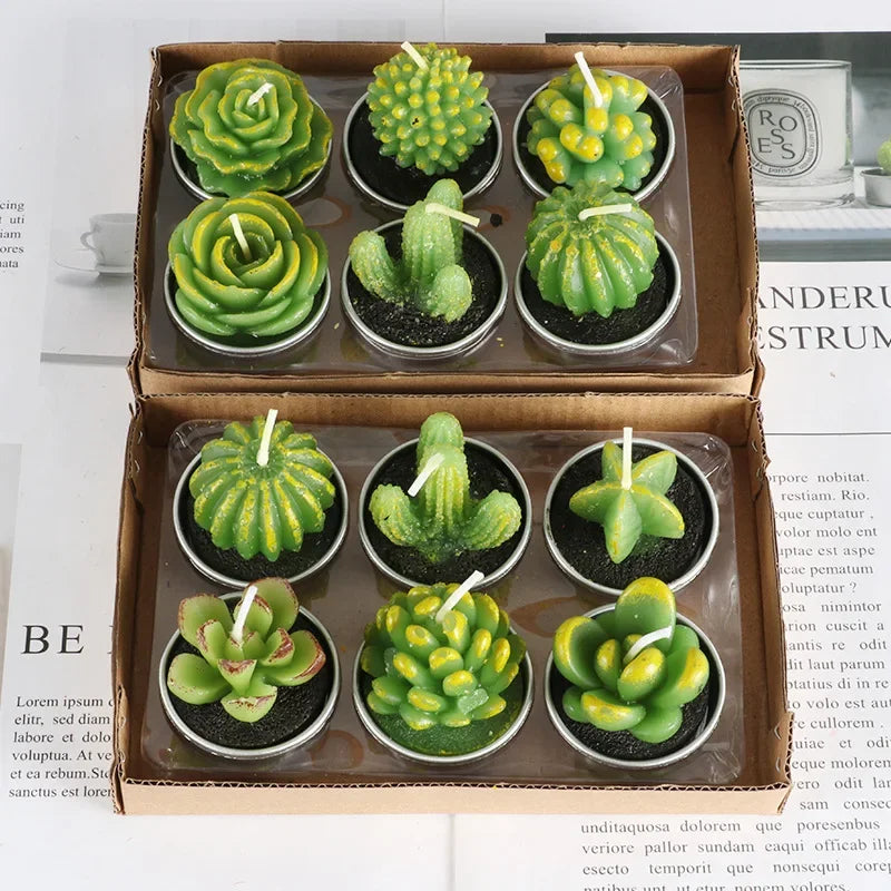 12pcs Mini Cactus Candles Succulent Greenery Candles Flameless Tea Light Candles Suitable for Party Wedding Home Decoration