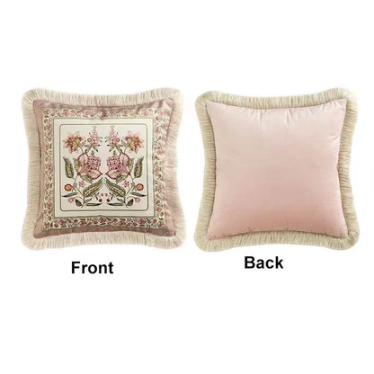 Pink Printed Fringed Pillow Cases Retro Light Luxury Pillow Cover Decorative Soft Dutch Velvet Round Cushion Cover Home Dector