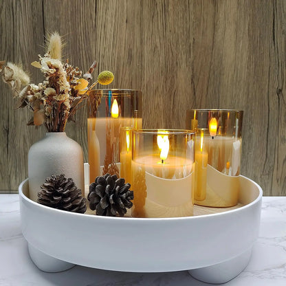 Set of 3 Flameless Rechargeable LED Candles Flickering Remote control w/charging cable Ivory/Gold/Gray Glass pillar candle lamp