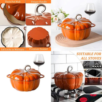 4-Quart Pumpkin Cocotte, Enameled Cast Iron Dutch Oven with Lid, Perfect for Soups and Holiday Meals, Suitable for 3-5 People, I