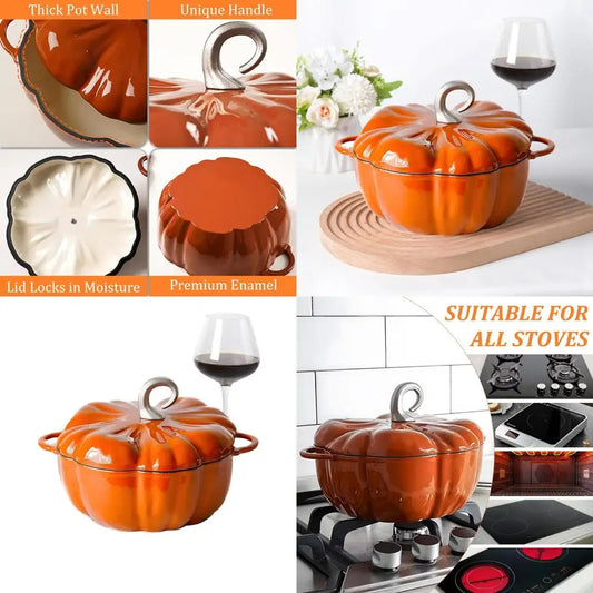 4-Quart Pumpkin Cocotte, Enameled Cast Iron Dutch Oven with Lid, Perfect for Soups and Holiday Meals, Suitable for 3-5 People, I