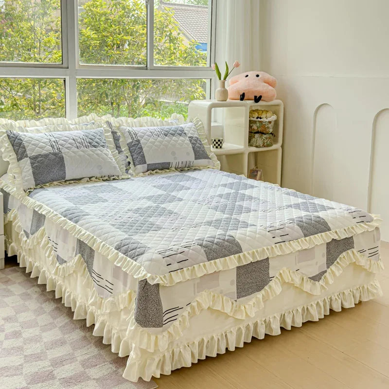 100% Cotton Thicken Quilted Bedspread King Queen Size Princess Lace Bed Skirt Pure Cotton Bed Cover Not Including Pillowcase
