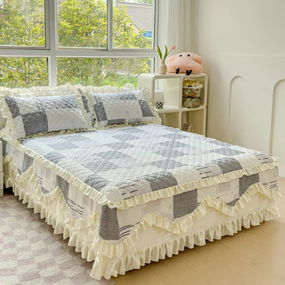100% Cotton Thicken Quilted Bedspread King Queen Size Princess Lace Bed Skirt Pure Cotton Bed Cover Not Including Pillowcase