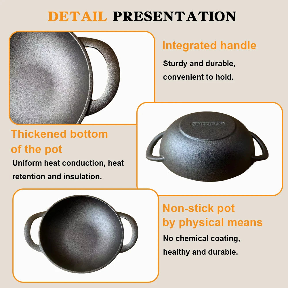 Cast Iron Pan Cooking Pot with 2 Handles Saute Pan Multi-Purpose Non-Stick Frying Pan 19cm for Camping Cooking