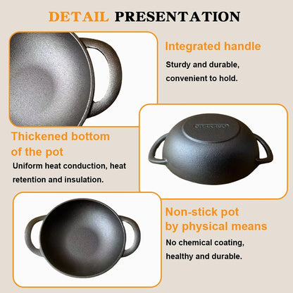 Cast Iron Pan Cooking Pot with 2 Handles Saute Pan Multi-Purpose Non-Stick Frying Pan 19cm for Camping Cooking