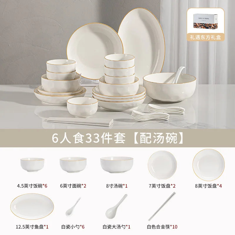 korean style white plates dinner sets ceramic gold rim 8 person dinner sets full set Casserole vajillas completa Bowl set