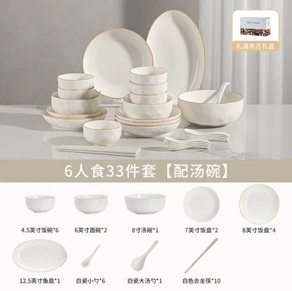 korean style white plates dinner sets ceramic gold rim 8 person dinner sets full set Casserole vajillas completa Bowl set