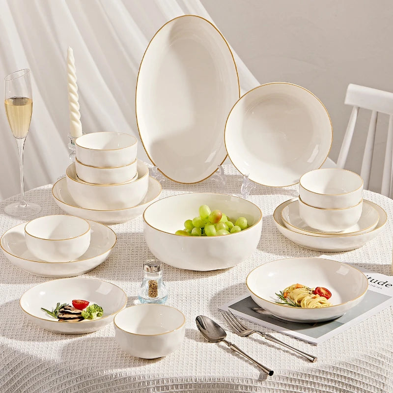 korean style white plates dinner sets ceramic gold rim 8 person dinner sets full set Casserole vajillas completa Bowl set