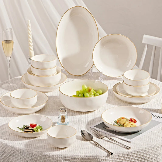 korean style white plates dinner sets ceramic gold rim 8 person dinner sets full set Casserole vajillas completa Bowl set