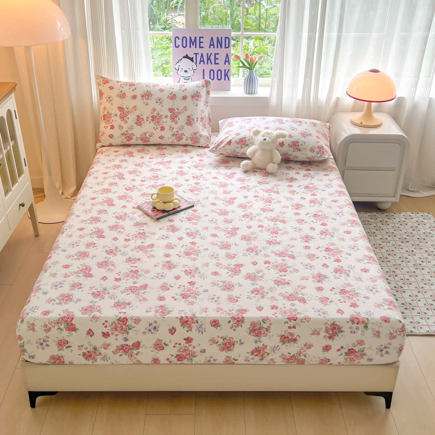 Floral Bed Sheets Set Fitted Sheet Non Slip Bedspread With Elastic Band Mattress Cover (With 1-2 Pillowcases) Double Bed Sheets