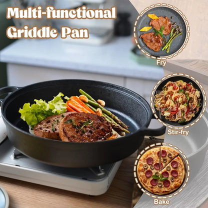 1PCS Cast Iron Skillet with Handle Round Flat Bottomed Frying Pan for Fried Steak Bread Pizza Outdoor Cooking Camping Supplies