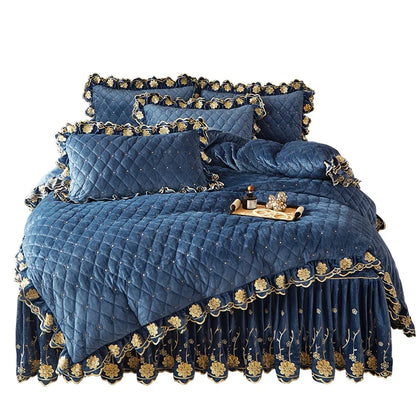 AI WINSURE-Luxury Embroidery Velvet Bedding Set, Quilted Skirted Bedspread with 2 Pillowcases, Queen Double Bed Duvet Cover, 4PC
