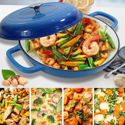 Enameled Cast Iron Dutch Oven 3.8 Quart Pot with Lid - Blue Heavy Duty Dual Handled Skillet - Ideal Family or Friend Gift