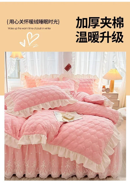 Full-set quilt cover bed skirt four-piece warm winter milk velvet bedspread 4-piece coral velvet bedspread