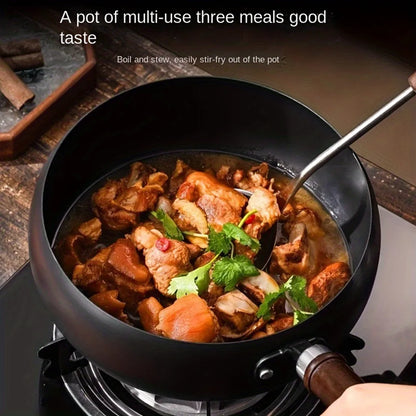 Cast iron pot with lid - handmade traditional design, wide belly and non stick mirror surface, splash proof