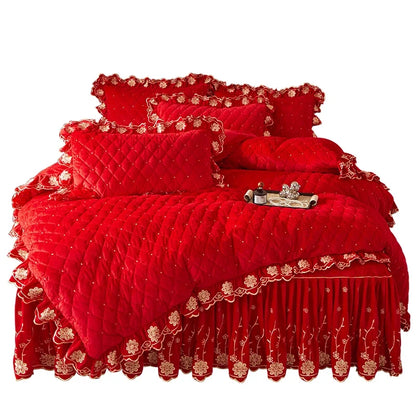 AI WINSURE-Luxury Embroidery Velvet Bedding Set, Quilted Skirted Bedspread with 2 Pillowcases, Queen Double Bed Duvet Cover, 4PC