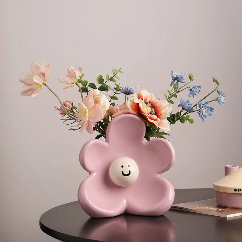 Flower Smiling Face Flower Arrangement Cute Ceramic Vase Decorative Table Dried Flower Vase Ornaments Home Decoration Vases