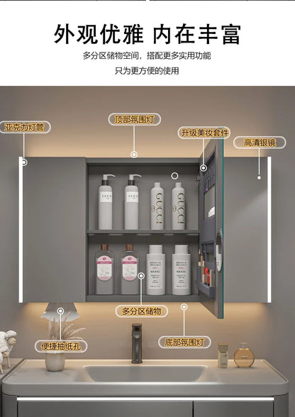 Bathroom Furniture Mirror Cabinet Modern Solid Wood Bathroom Smart with Light Defogging Beauty Mirror with Storage Locker