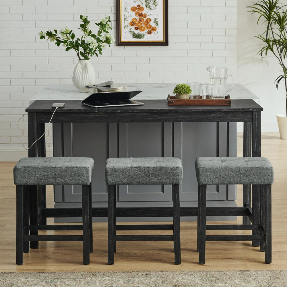 59 Inch Bar Table w/Power Outlet,3 Upholstered Stools,4-Piece Set for Living/Dining/Kitchen