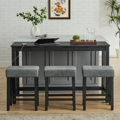 59 Inch Bar Table w/Power Outlet,3 Upholstered Stools,4-Piece Set for Living/Dining/Kitchen