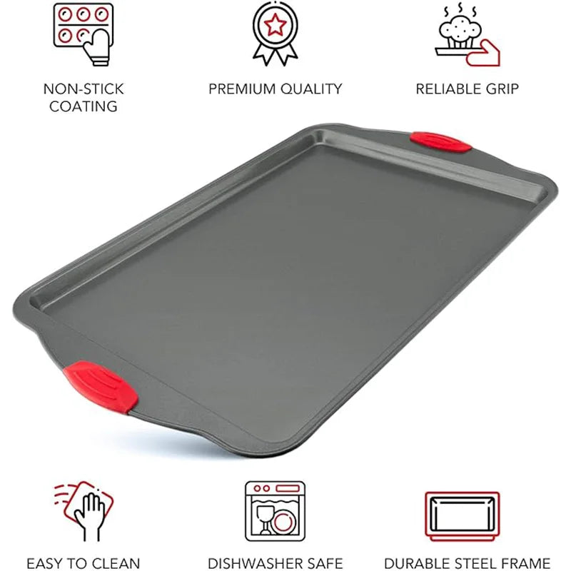 3-Piece Nonstick Kitchen Oven Baking Pans Premium Non-Stick Steel with Red Silicone Handles Restaurant Quality & Easy to Clean