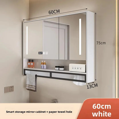 Bathroom Mirror Cabinet Wall Mounted LED Waterproof Aluminum Medicine Cabinet with Storage Shelf Towel Rod for Home Bathroom