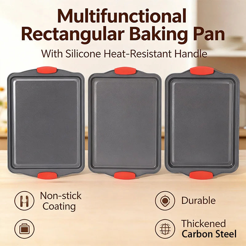 3-Piece Nonstick Kitchen Oven Baking Pans Premium Non-Stick Steel with Red Silicone Handles Restaurant Quality & Easy to Clean